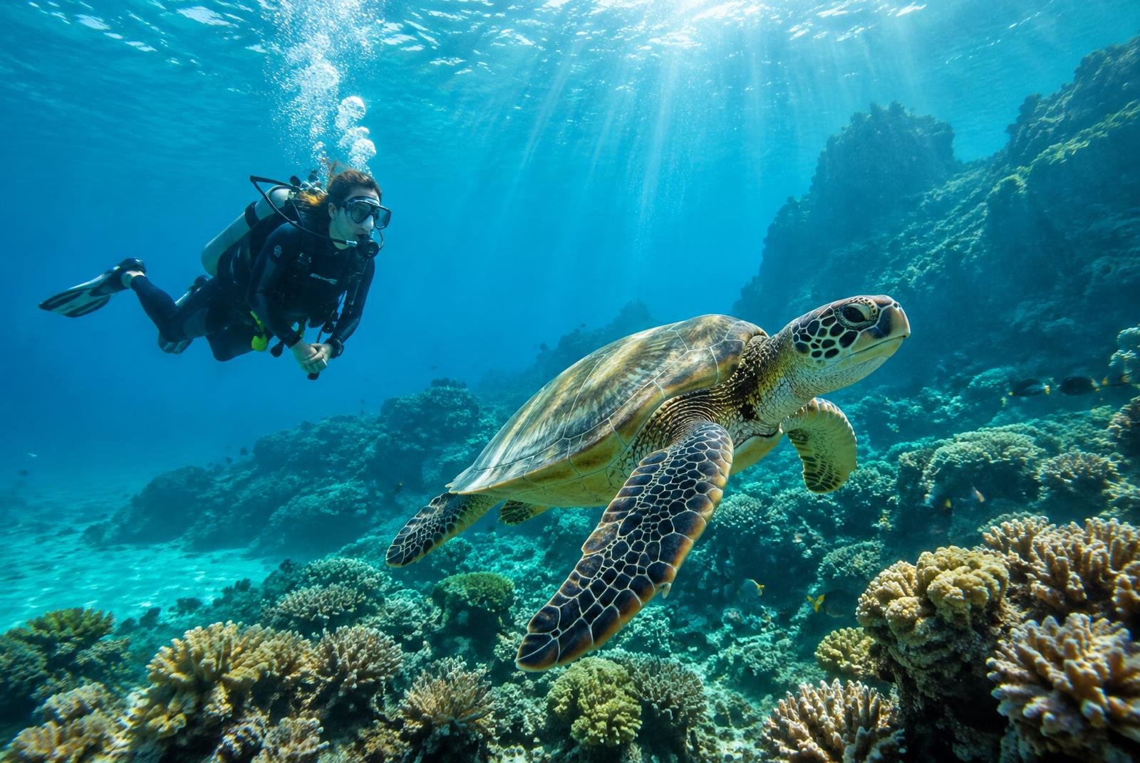 Diving in clear water with sea turtles
