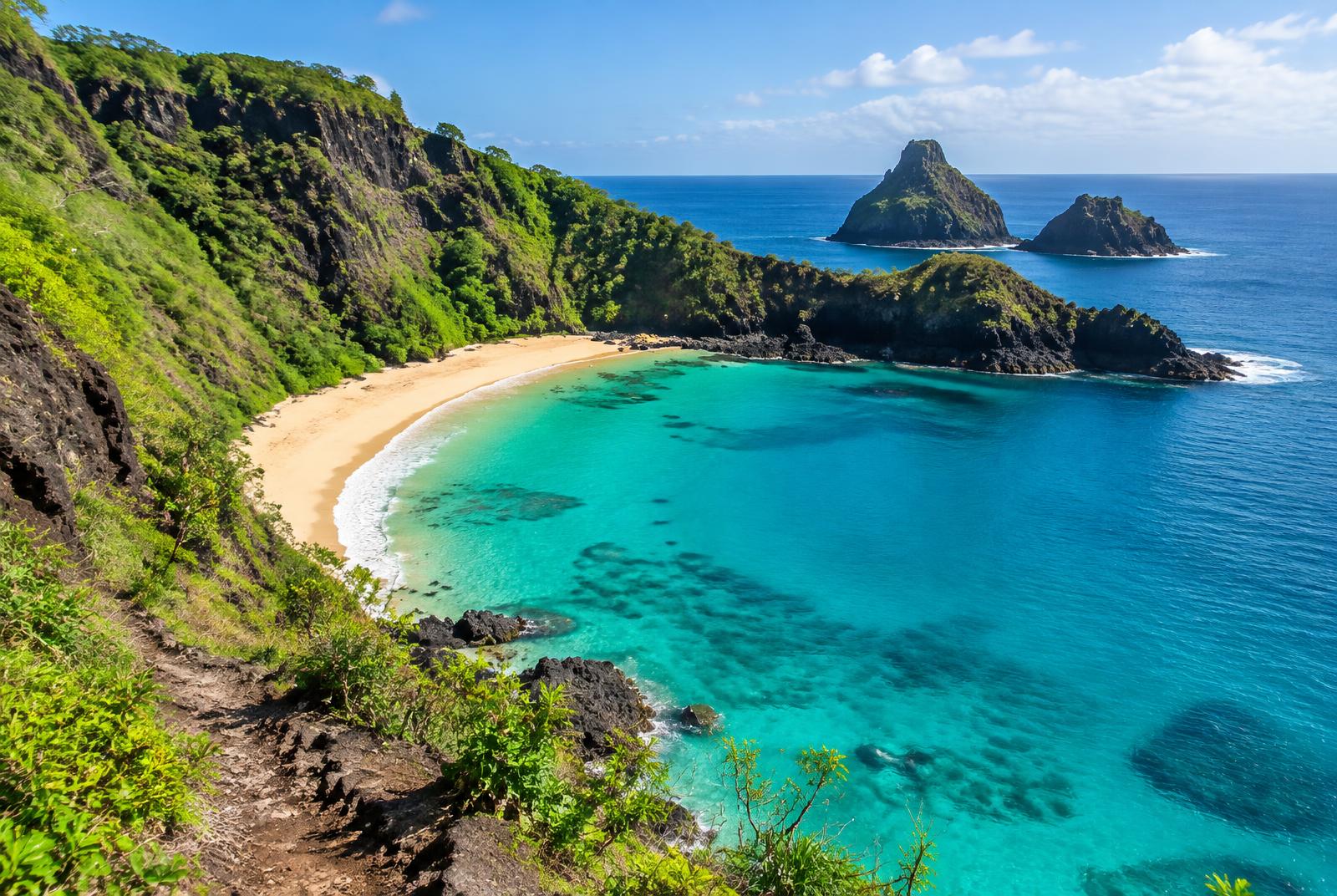 Baía do Sancho between volcanic cliffs and crystal-clear water