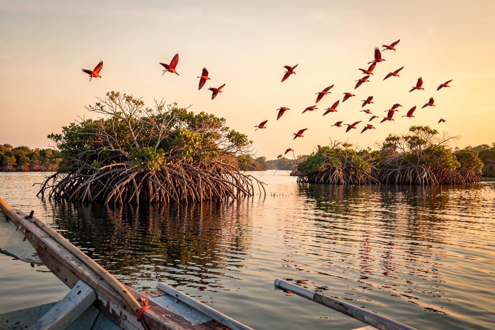 Flight of the scarlet ibis in the Parnaíba Delta at dusk